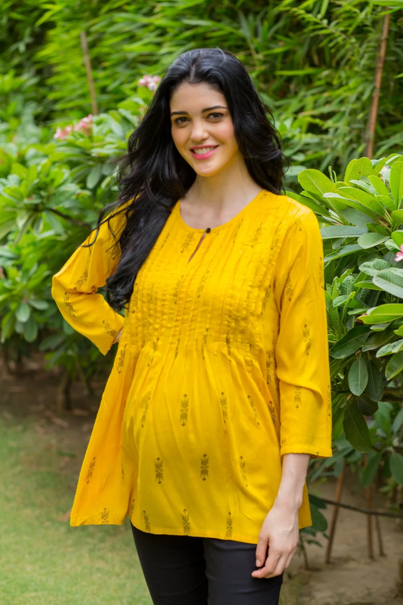 Yellow Printed Maternity & Nursing Concealed Zip Top