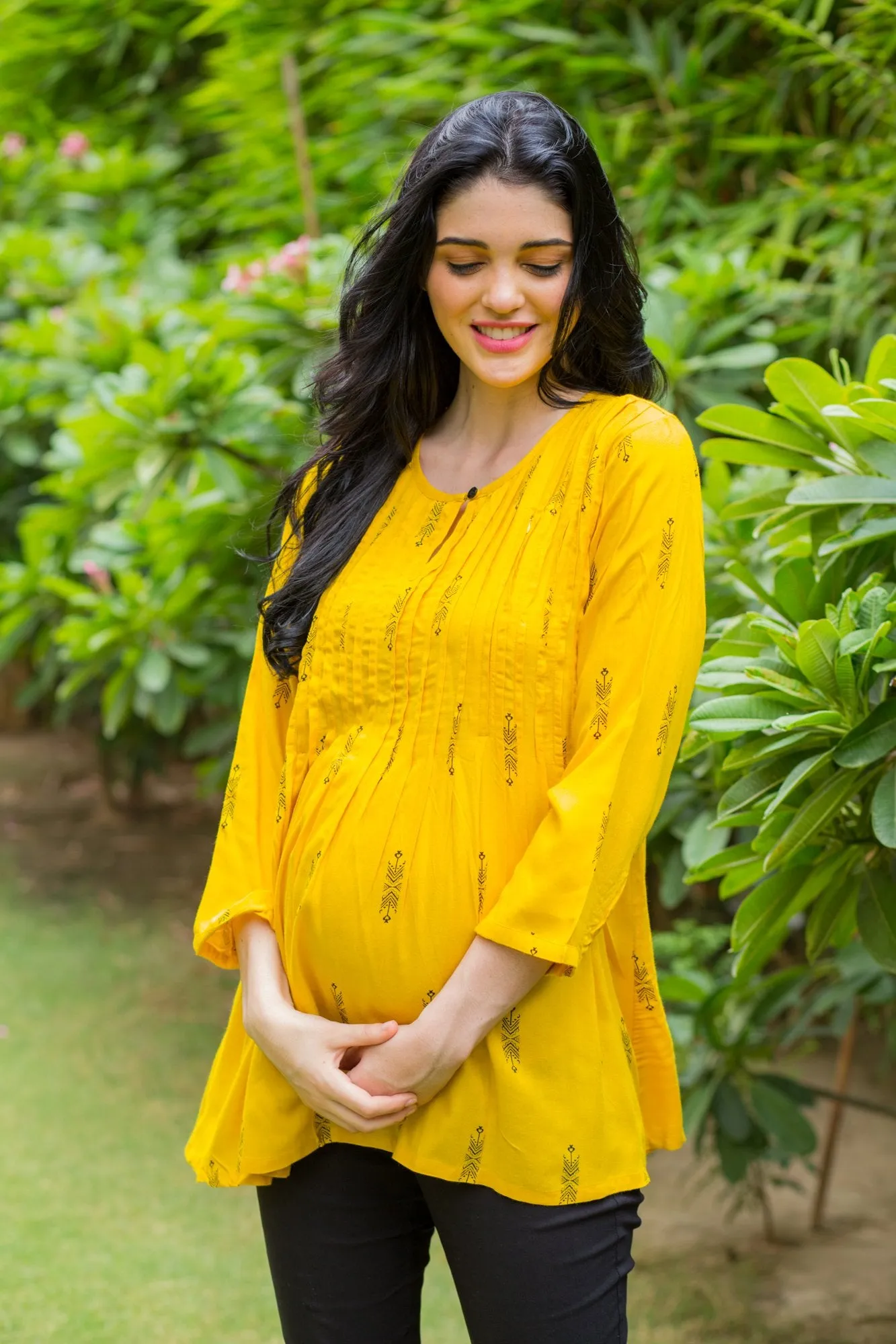 Yellow Printed Maternity & Nursing Concealed Zip Top