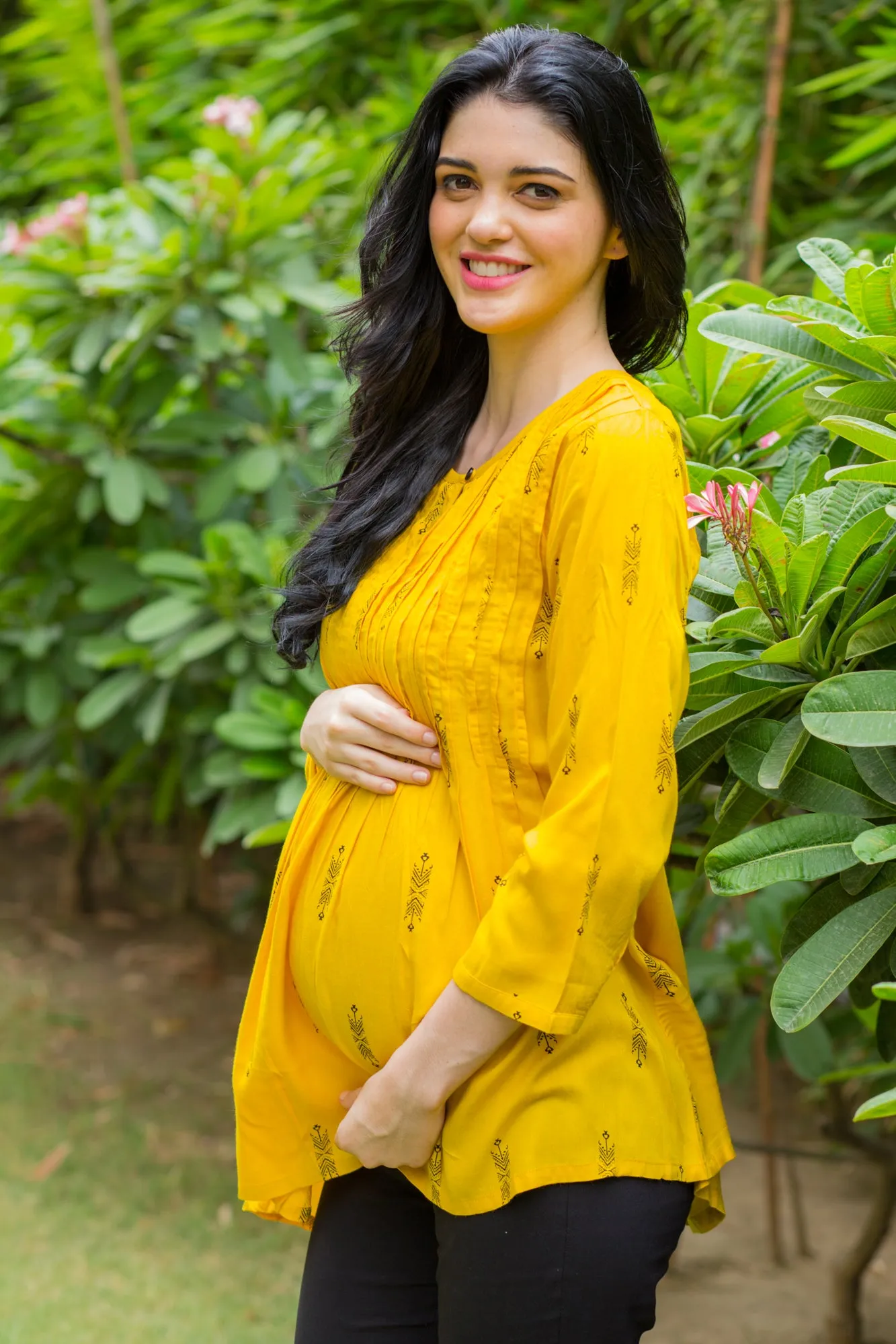 Yellow Printed Maternity & Nursing Concealed Zip Top