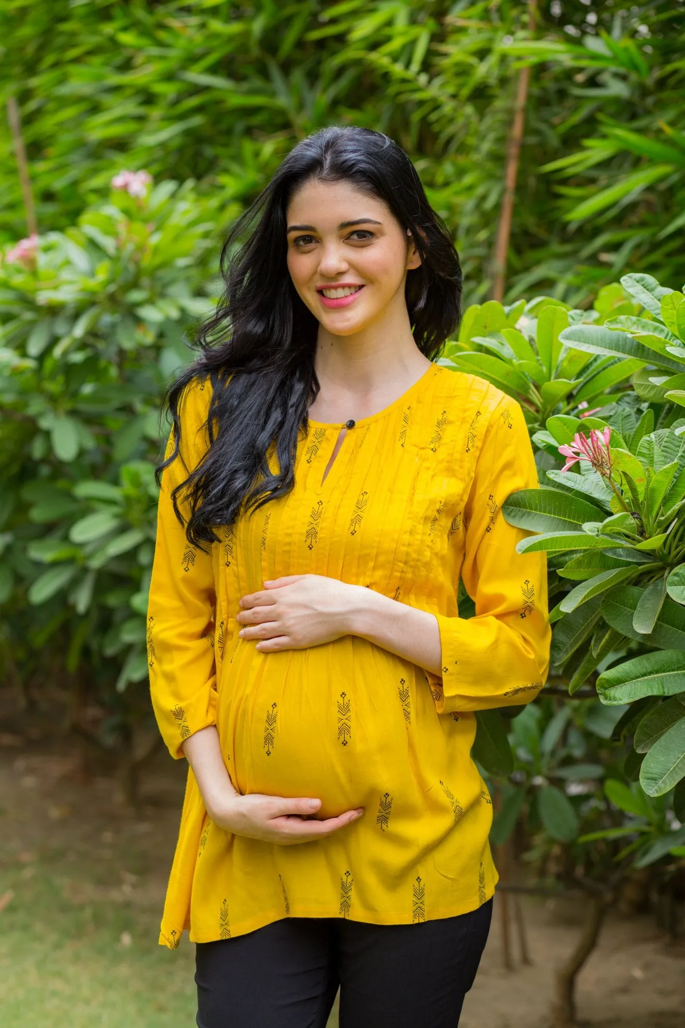 Yellow Printed Maternity & Nursing Concealed Zip Top