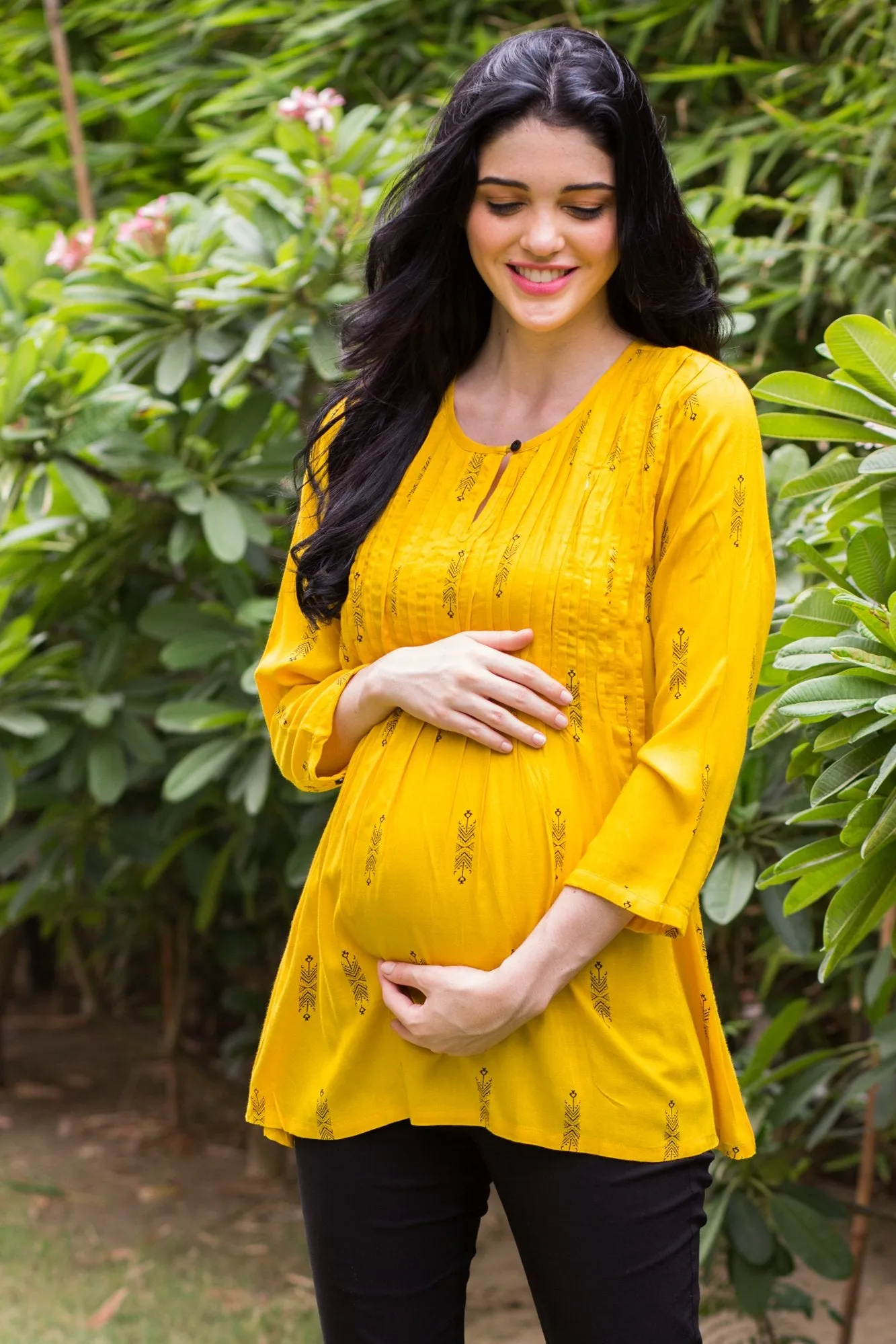 Yellow Printed Maternity & Nursing Concealed Zip Top