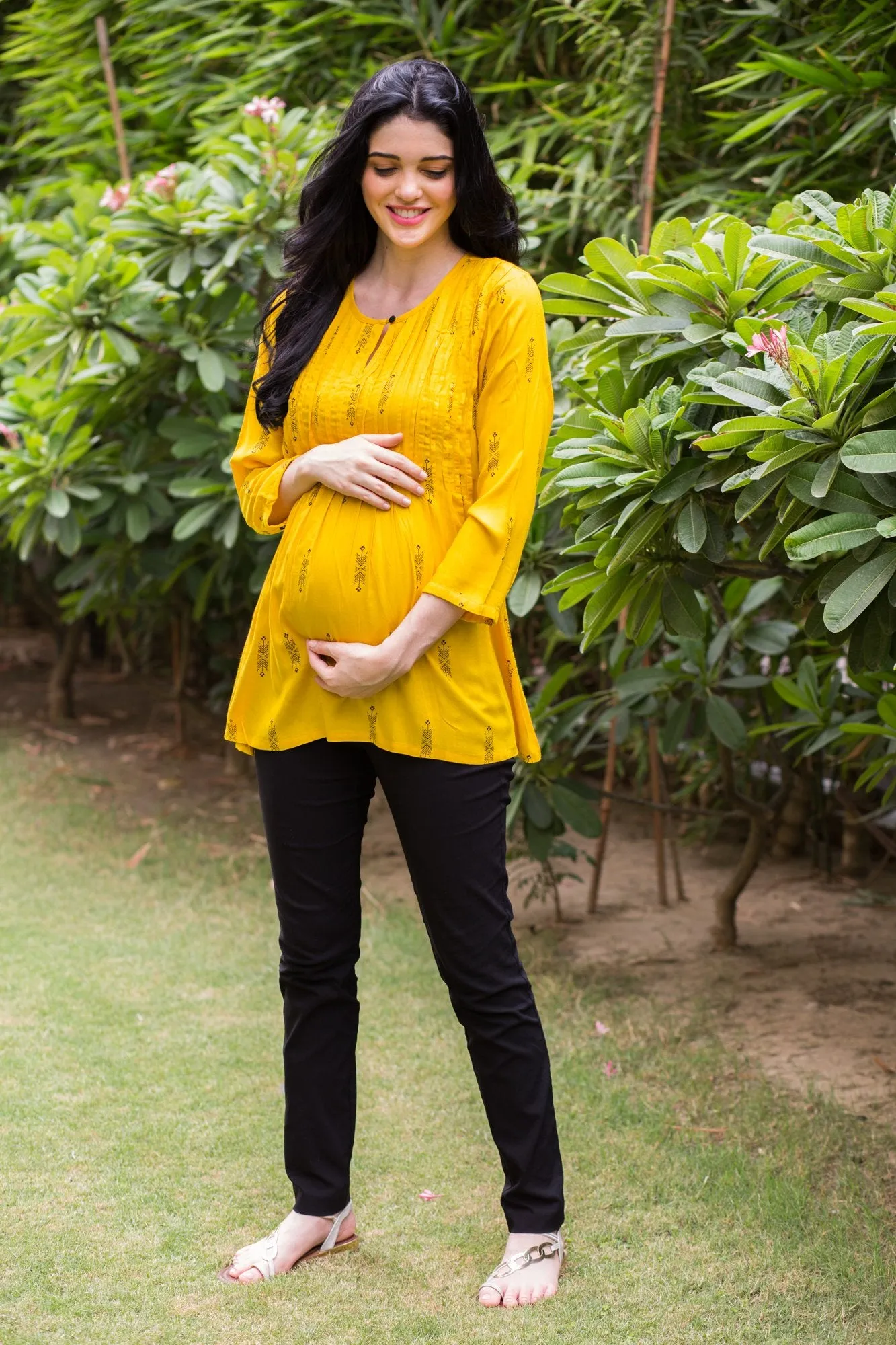 Yellow Printed Maternity & Nursing Concealed Zip Top