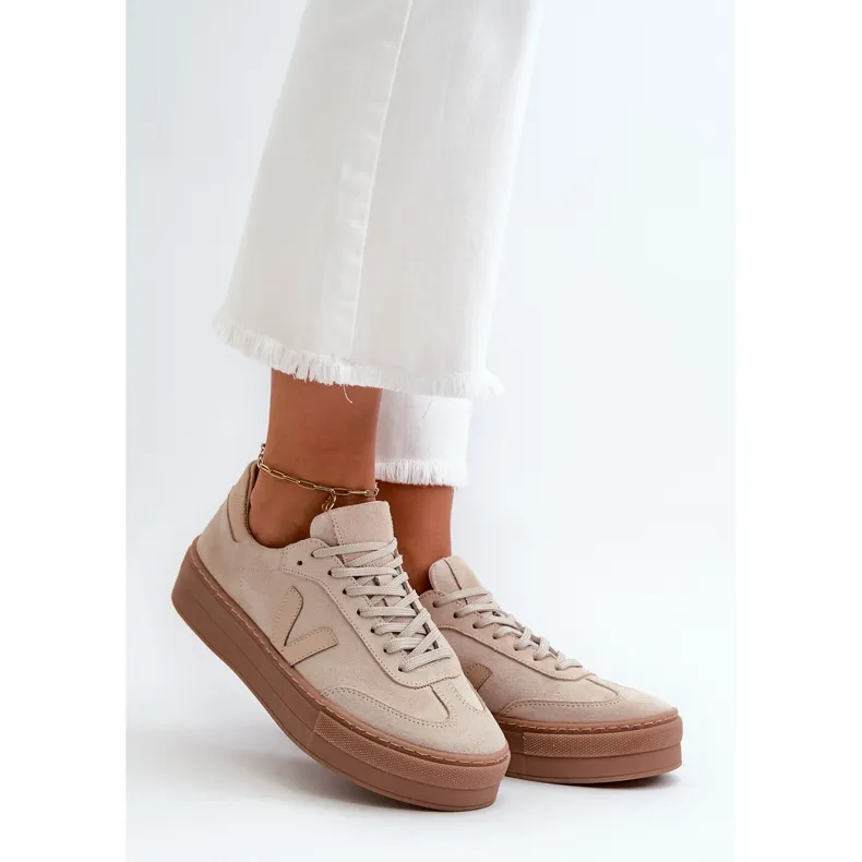 Zazoo N1100S2 Women's Suede Sneakers On Platform, Beige