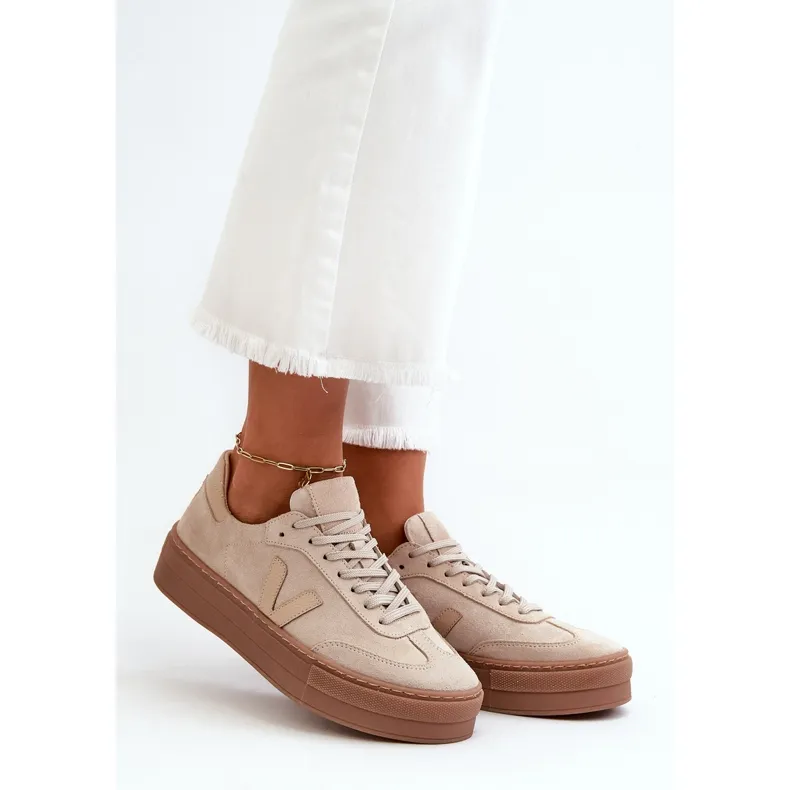 Zazoo N1100S2 Women's Suede Sneakers On Platform, Beige