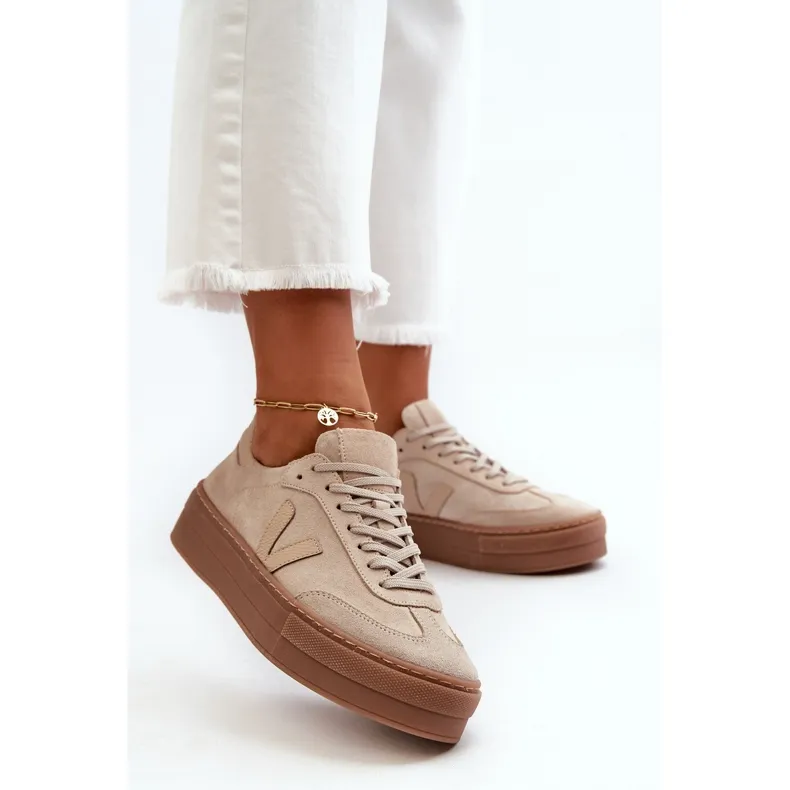 Zazoo N1100S2 Women's Suede Sneakers On Platform, Beige