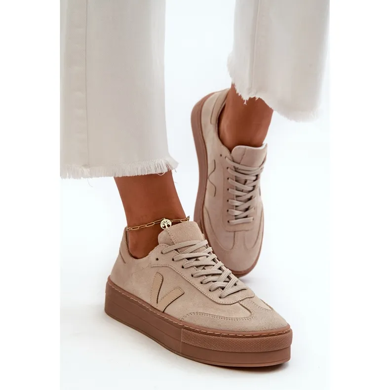 Zazoo N1100S2 Women's Suede Sneakers On Platform, Beige