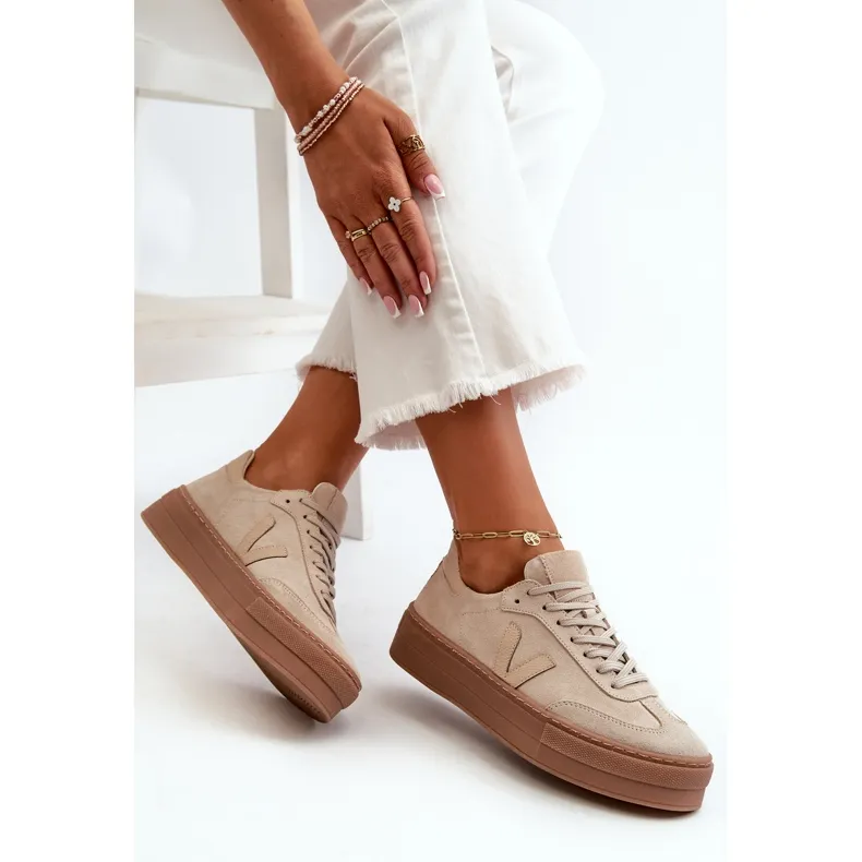 Zazoo N1100S2 Women's Suede Sneakers On Platform, Beige