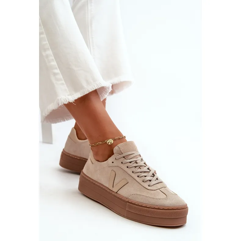 Zazoo N1100S2 Women's Suede Sneakers On Platform, Beige