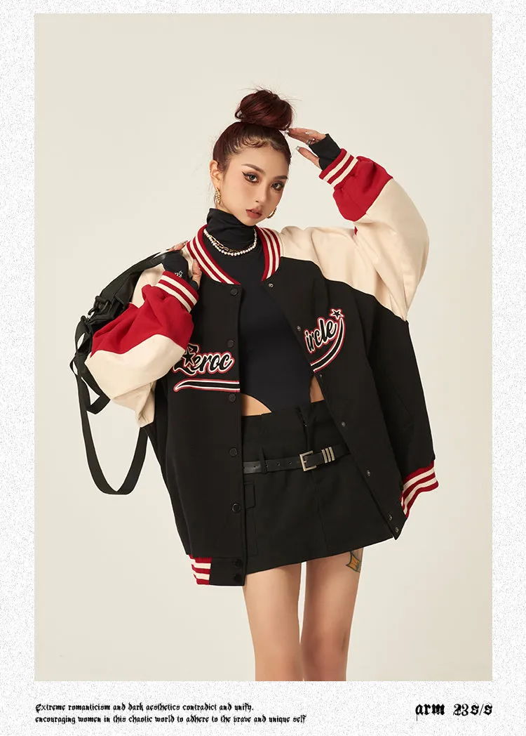 Zerocircle Letter Print Patchwork Long Sleeve Button Up Varsity Jacket