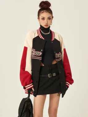 Zerocircle Letter Print Patchwork Long Sleeve Button Up Varsity Jacket