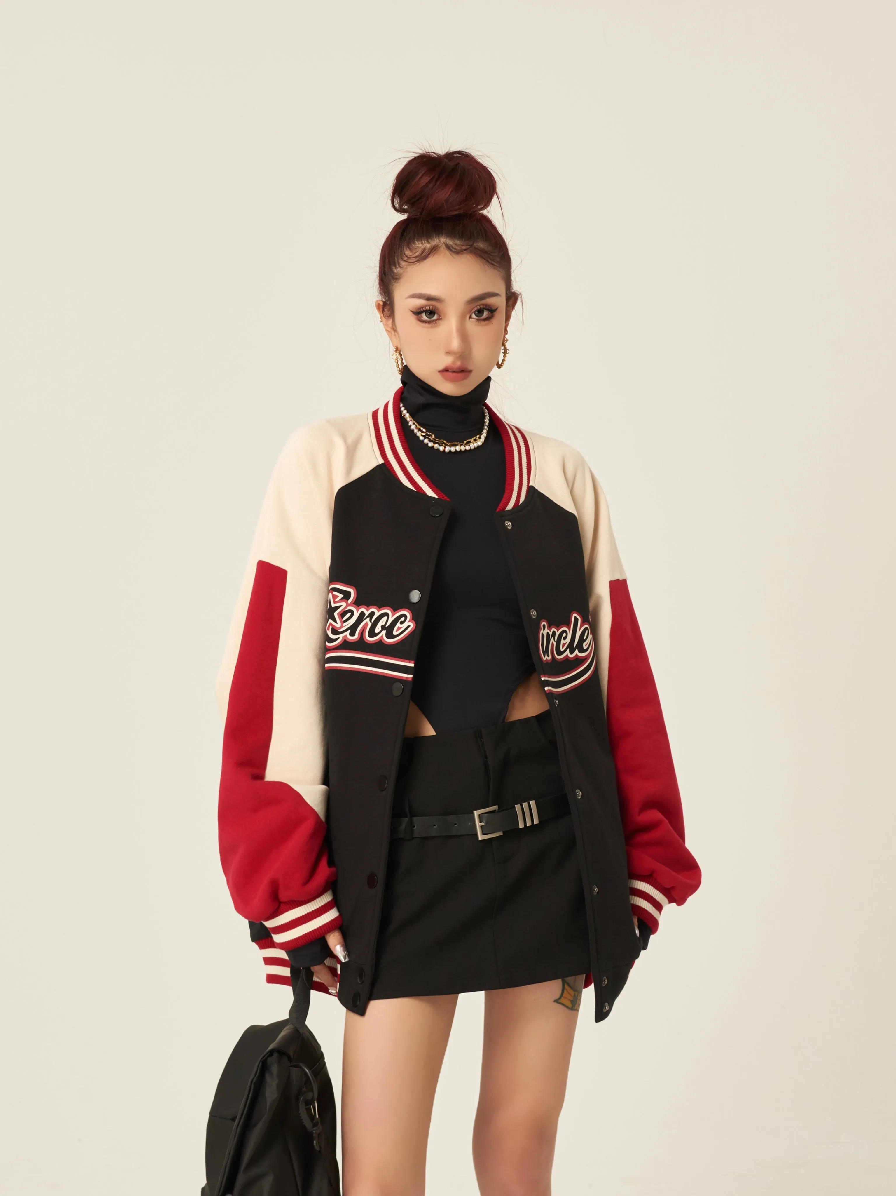 Zerocircle Letter Print Patchwork Long Sleeve Button Up Varsity Jacket