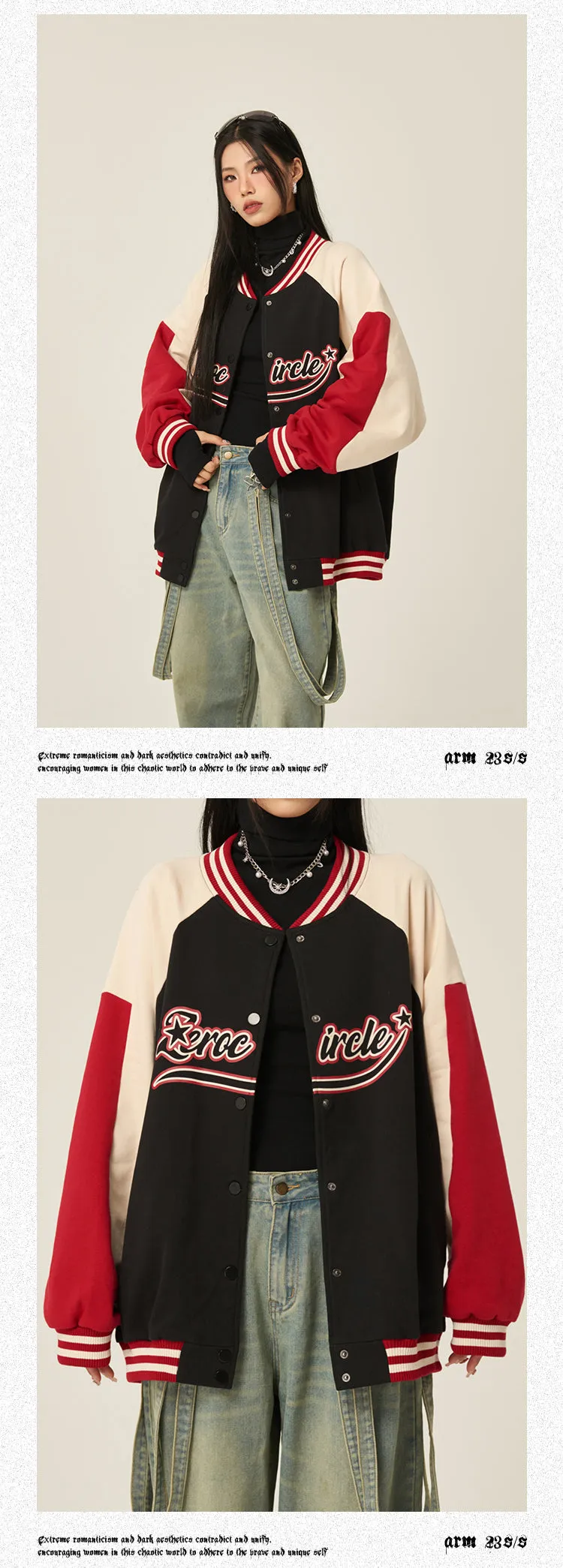 Zerocircle Letter Print Patchwork Long Sleeve Button Up Varsity Jacket