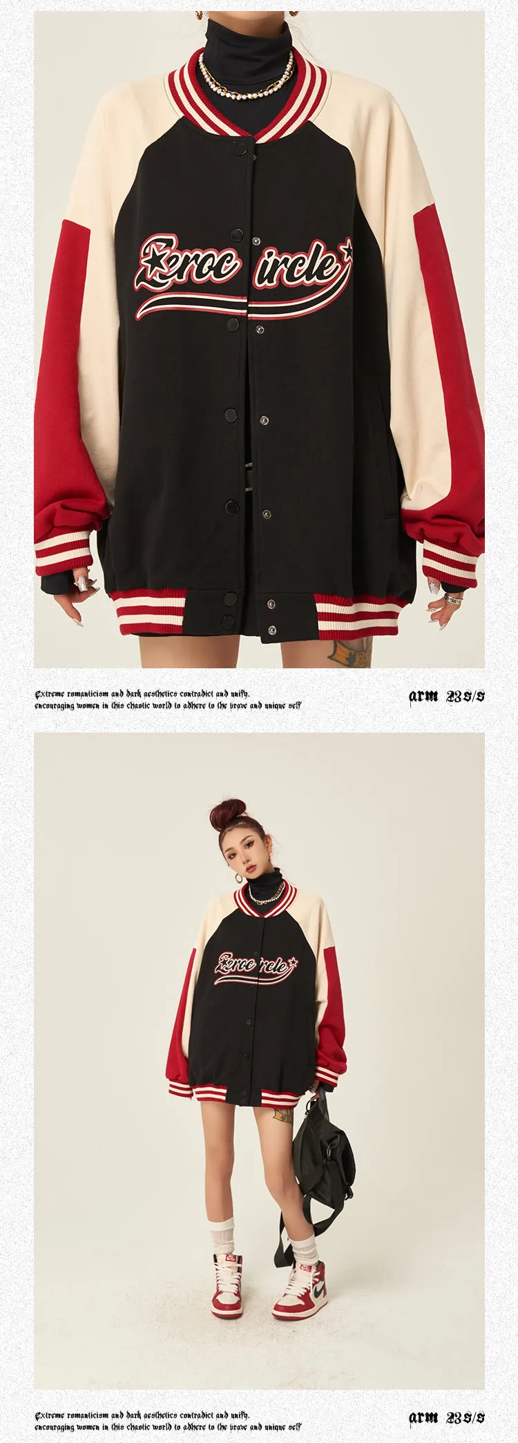 Zerocircle Letter Print Patchwork Long Sleeve Button Up Varsity Jacket