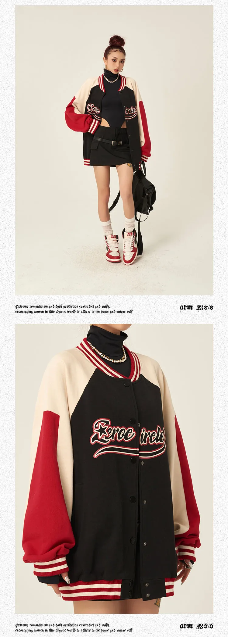 Zerocircle Letter Print Patchwork Long Sleeve Button Up Varsity Jacket